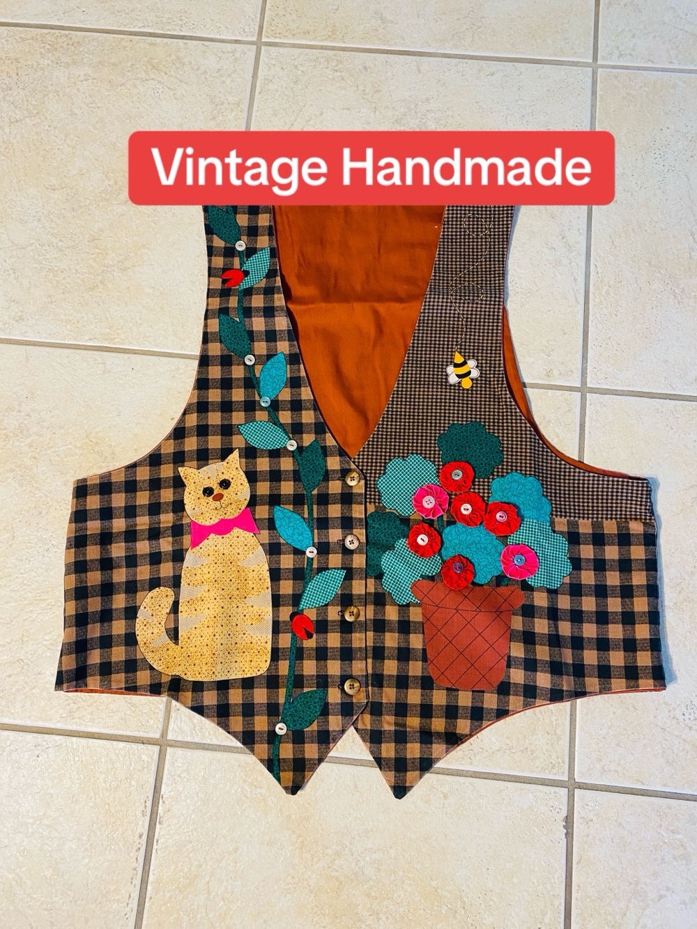 Womans Vintage Handmade Vest in Brown Plaid with Cat & Potted Flower Appliqué